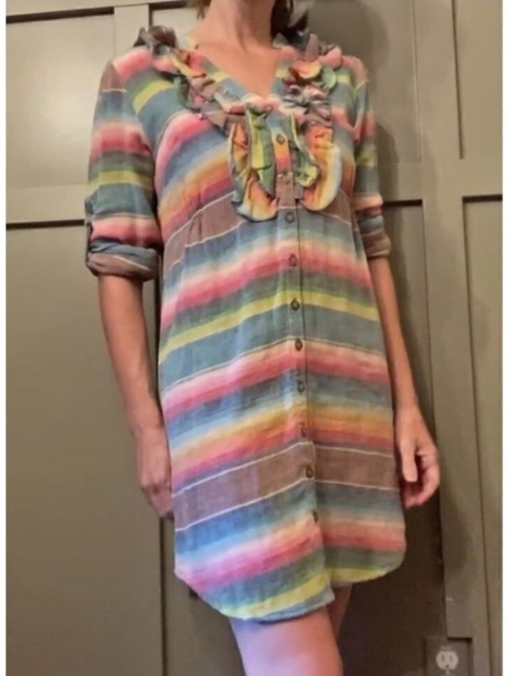Tasha Polizzi Rainbow Stripe Serape Style Button Down Long Sleeve Shirt Dress S